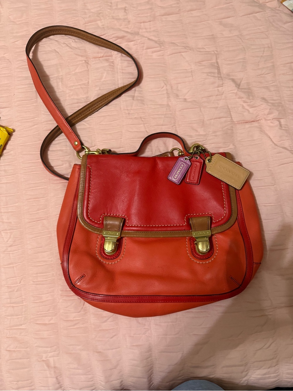 Vintage Coach Two-Tone Red/Orange Leather Crossbody Satchel 2013